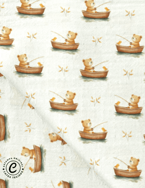 Tecido Fralda Estampada - Ursinho Pescador - 100% Algodão - 70cm x 70cm