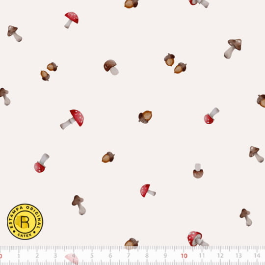 Tecido Tricoline Especial Coleção Mimomelo Meninos por Vanessa Guimarães - Nozes e Cogumelos - Bege - 100% Algodão - Largura 1,50m