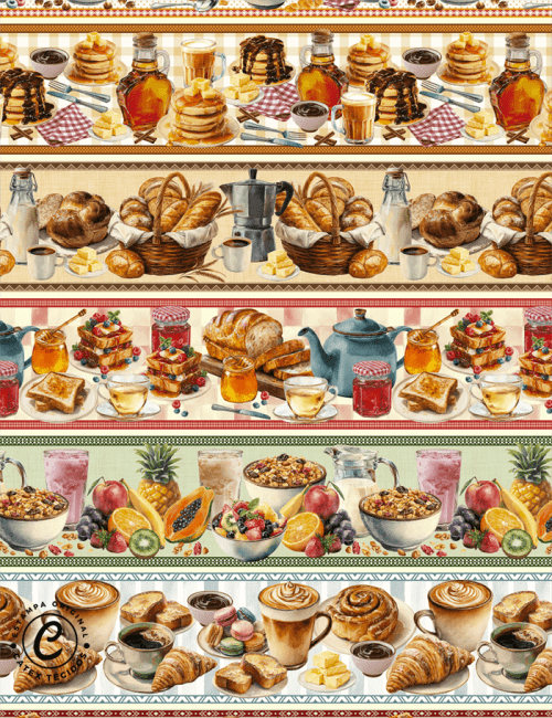 Tecido Tricoline Especial Barrado - Café da Manhã - 100% Algodão - Largura 1,50m