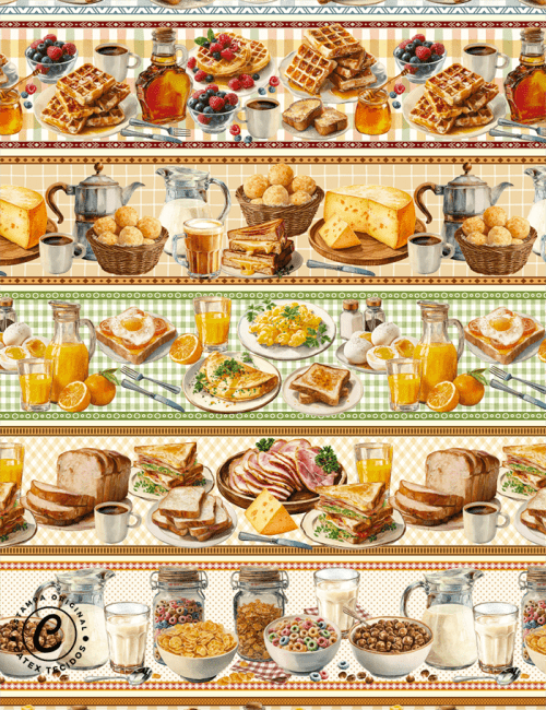 Tecido Tricoline Especial Barrado - Café da Manhã - 100% Algodão - Largura 1,50m