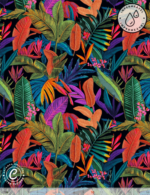 Tecido Sarja Impermeável Especial Coleção Colorida por Cami - Folhagens Tropicais - 100% Algodão - Largura 1,50m