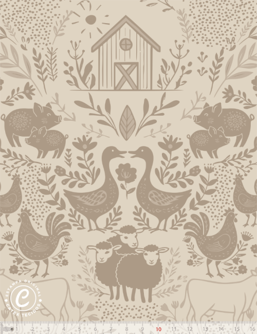 Tecido Tricoline Especial Coleção Farm Life por Anita Catita - Vida na Fazenda Camel - 100% Algodão - Largura 1,50m