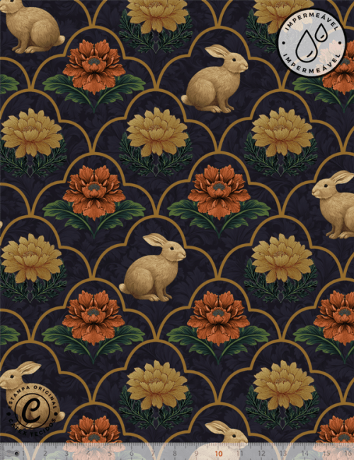 Tecido Sarja Impermeável Especial Coleção  Páscoa  Jardim Imperial – Arcos Dourados & Coelhos - 100% Algodão - Largura 1,50m