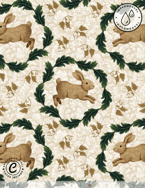 Tecido Sarja Impermeável Especial Coleção  Páscoa  Jardim Imperial – Guirlanda de Folhas & Coelhos - 100% Algodão - Largura 1,50m