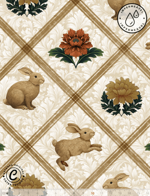 Tecido Sarja Impermeável Especial Coleção Páscoa  Jardim Imperial – Treliça Imperial & Coelhos - 100% Algodão - Largura 1,50m