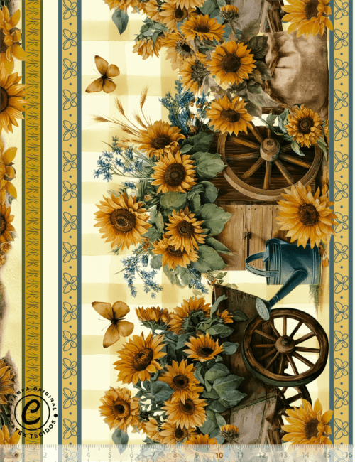 Tecido Tricoline Especial Barrado - Girassóis - 100% Algodão - Largura 1,50m