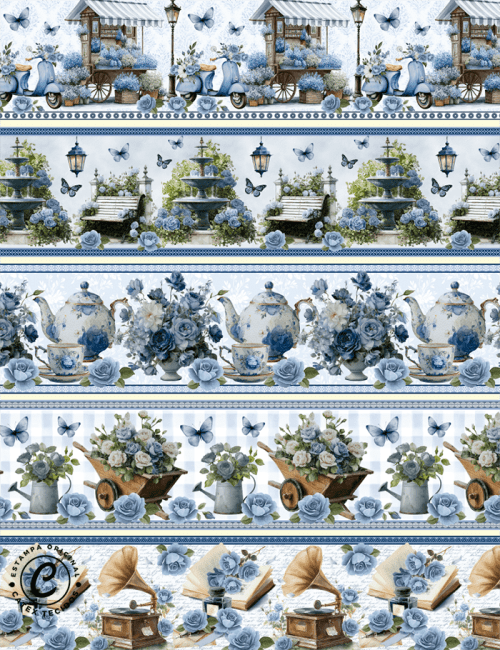 Tecido Tricoline Especial Barrado - Rosas Azuis - 100% Algodão - Largura 1,50m