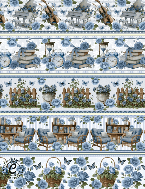 Tecido Tricoline Especial Barrado - Rosas Azuis - 100% Algodão - Largura 1,50m