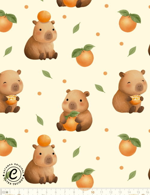 Tecido Tricoline Especial Capivara Laranjinhas - 100% Algodão - Largura 1,50m