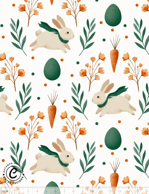 Tecido Tricoline Especial Coelhos e Cenouras - 100% Algodão - Largura 1,50m