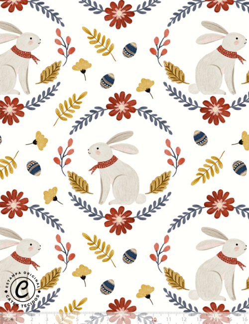 Tecido Tricoline Especial Coelhos Folk na Guirlanda - 100% Algodão - Largura 1,50m