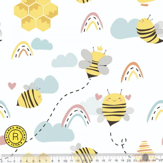 Tecido Tricoline Especial Coleção Bee Happy - Abelhas no Céu - 100% Algodão - Largura 1,50m