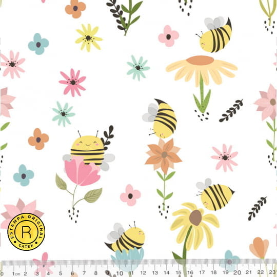 Tecido Tricoline Especial Coleção Bee Happy - Abelhas no Jardim - 100% Algodão - Largura 1,50m