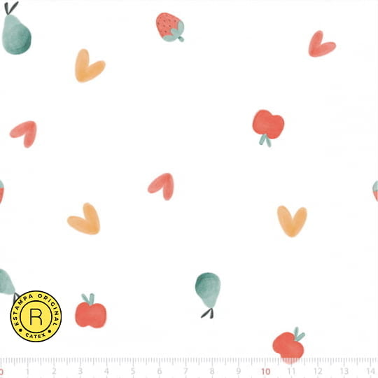 Tecido Tricoline Especial Coleção Boho Baby - Frutinhas e Corações - 100% Algodão - Largura 1,50m