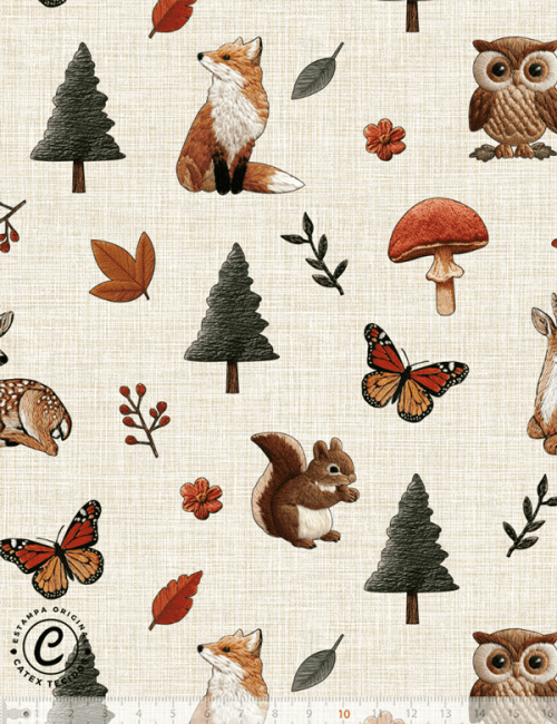 Tecido Tricoline Especial Coleção Bosque Dourado - Vida no Bosque - 100% Algodão - Largura 1,50m