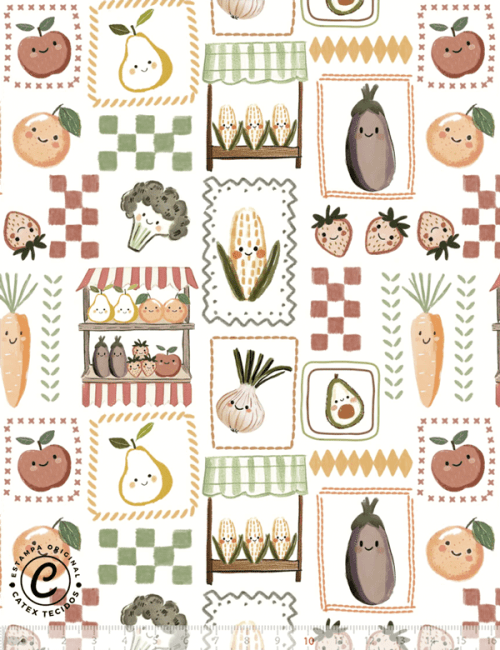 Tecido Tricoline Especial Coleção Dia de Feira - Feirinha Ilustrada - Algodão - Largura 1,50m