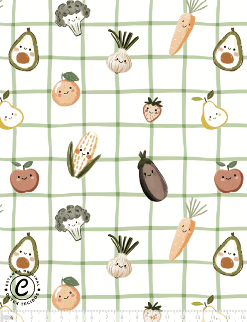 Tecido Tricoline Especial Coleção Dia de Feira - Verdurinhas Xadrez - Algodão - Largura 1,50m