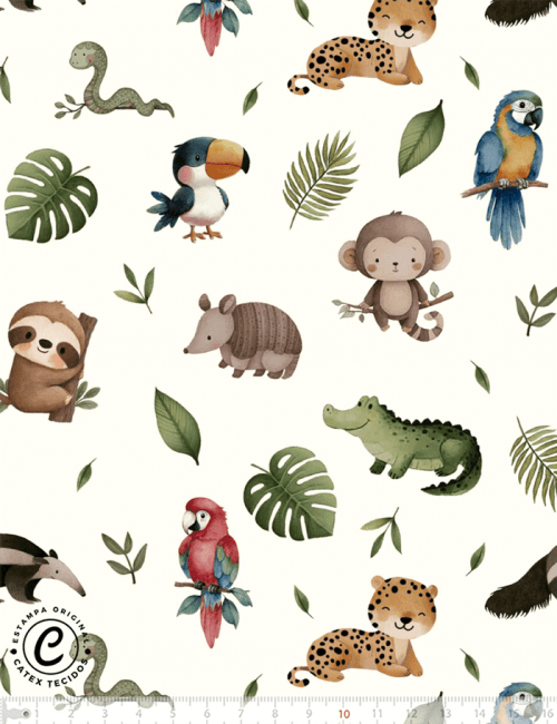 Tecido Tricoline Especial Coleção Fauna Divertida - Aventuras na Mata - 100% Algodão - Largura 1,50m Tecido Tricoline Especial Coleção Fauna Divertida - Aventuras na Mata - 100% Algodão - Largura 1,50m