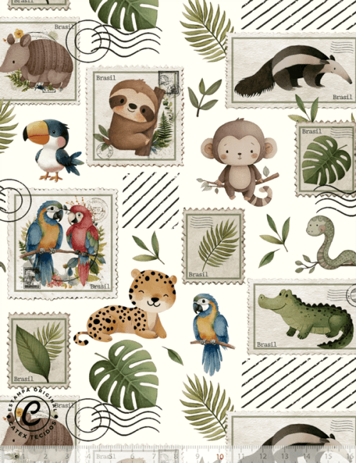 Tecido Tricoline Especial Coleção Fauna Divertida - Cartas da Floresta - 100% Algodão - Largura 1,50m Tecido Tricoline Especial Coleção Fauna Divertida - Cartas da Floresta - 100% Algodão - Largura 1,50m