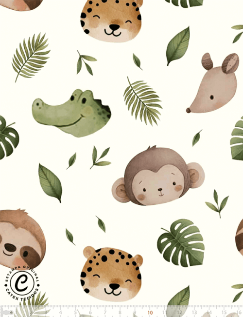 Tecido Tricoline Especial Coleção Fauna Divertida - Rostinhos da Selva - 100% Algodão - Largura 1,50m Tecido Tricoline Especial Coleção Fauna Divertida - Rostinhos da Selva - 100% Algodão - Largura 1,50m