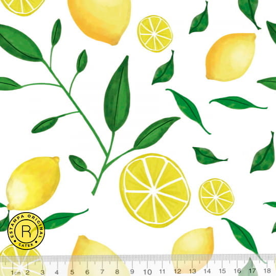 Tecido Tricoline Especial Coleção Frutas Aquarela - Limão Siciliano e Folhas - 100% Algodão - Largura 1,50m