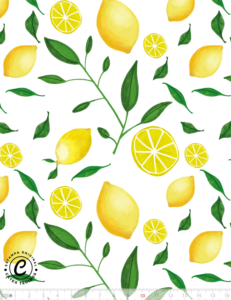 Tecido Tricoline Especial Coleção Frutas Aquarela - Limão Siciliano e Folhas - 100% Algodão - Largura 1,50m