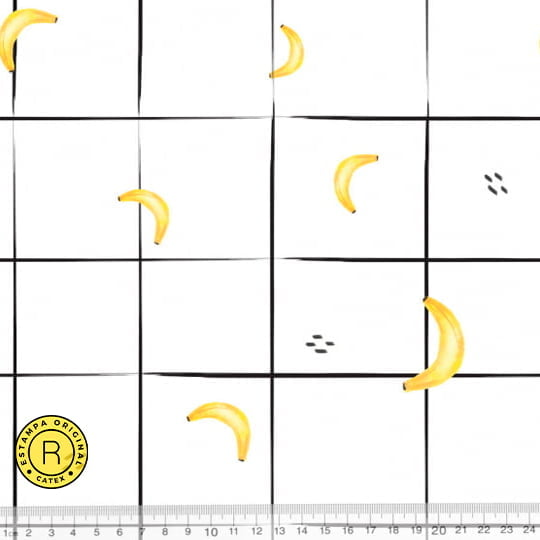 Tecido Tricoline Especial Coleção Frutas Aquarela - Mini Bananas Grid - 100% Algodão - Largura 1,50m