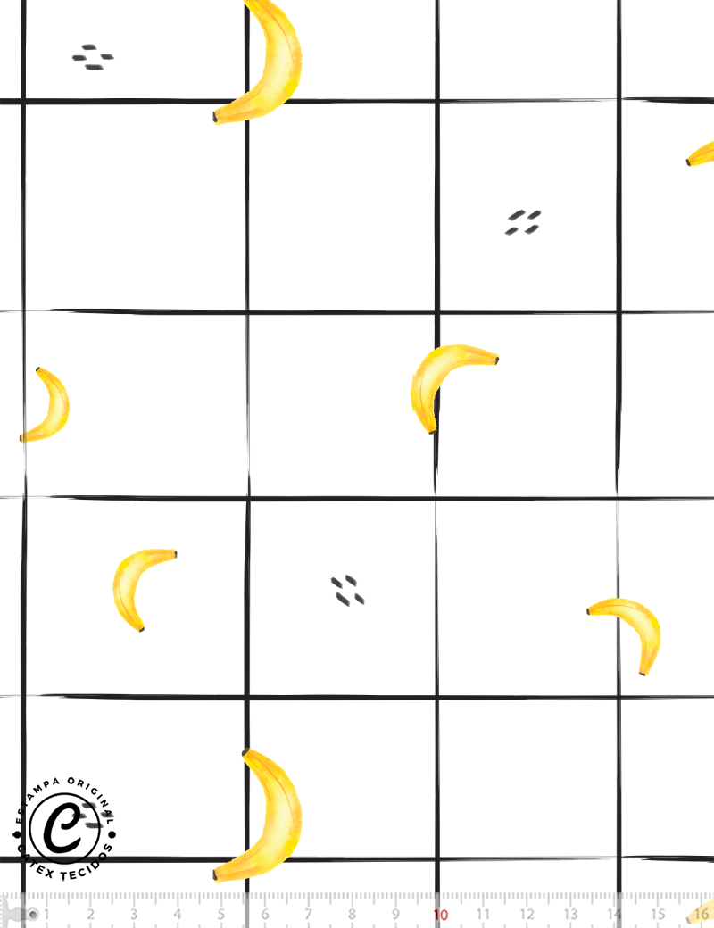 Tecido Tricoline Especial Coleção Frutas Aquarela - Mini Bananas Grid - 100% Algodão - Largura 1,50m