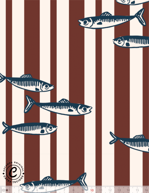 Tecido Tricoline Especial Coleção Frutos do Mar - Cardume de Sardinhas - 100% Algodão - Largura 1,50m 