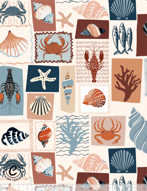 Tecido Tricoline Especial Coleção Frutos do Mar - Cartão Postal do Mar - 100% Algodão - Largura 1,50m