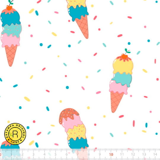 Tecido Tricoline Especial Coleção Happy Sweets - Casquinhas e Confete - 100% Algodão - Largura 1,50m