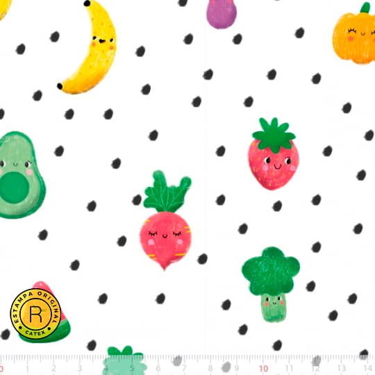 Tecido Tricoline Especial Coleção Hortinha Feliz - Frutinhas e Vegetais - 100% Algodão - Largura 1,50m
