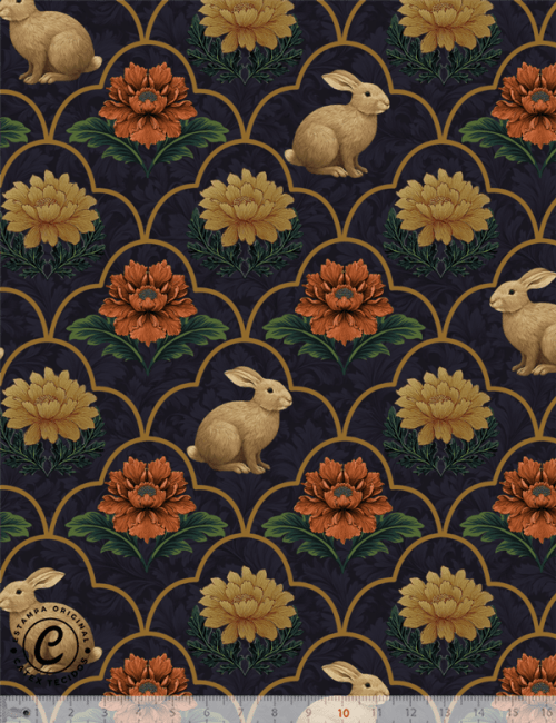 Tecido Tricoline Especial Coleção Páscoa  Jardim Imperial – Arcos Dourados & Coelhos - 100% Algodão - Largura 1,50m
