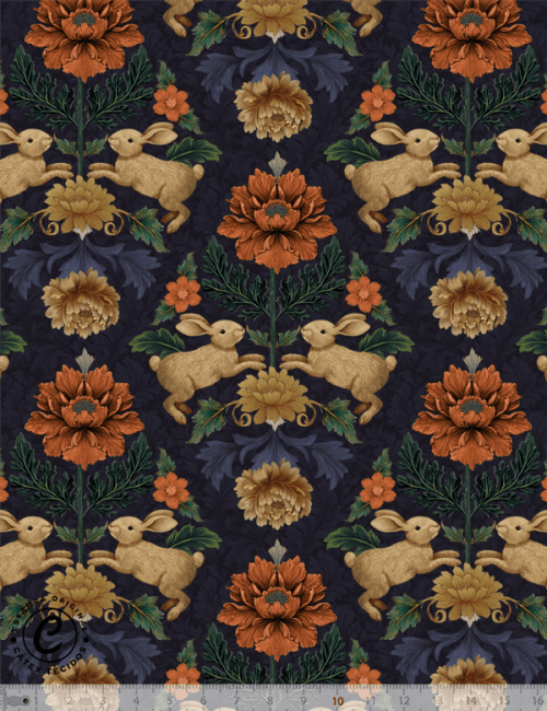 Tecido Tricoline Especial Coleção Páscoa Jardim Imperial – Damask Floral & Coelhos - 100% Algodão - Largura 1,50m