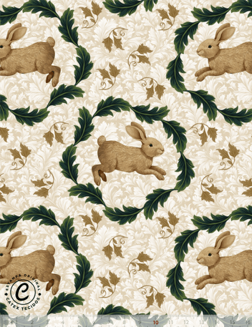 Tecido Tricoline Especial Coleção Páscoa  Jardim Imperial – Guirlanda de Folhas & Coelhos - 100% Algodão - Largura 1,50m
