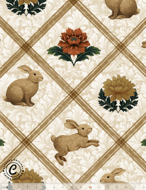 Tecido Tricoline Especial Coleção Páscoa  Jardim Imperial – Treliça Imperial & Coelhos - 100% Algodão - Largura 1,50m