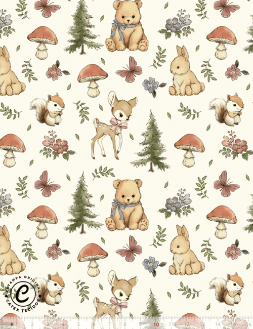 Tecido Tricoline Especial Coleção Jardim Vintage - Bichinhos e Flores - 100% Algodão - Largura 1,50m