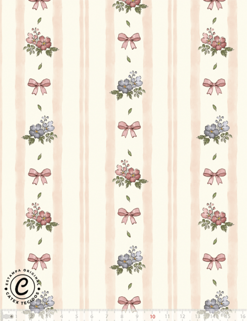 Tecido Tricoline Especial Coleção Jardim Vintage - Listras Bouquet e Laços - 100% Algodão - Largura 1,50m