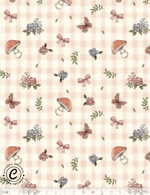 Tecido Tricoline Especial Coleção Jardim Vintage - Xadrez Cogumelos e Borboletas - 100% Algodão - Largura 1,50m