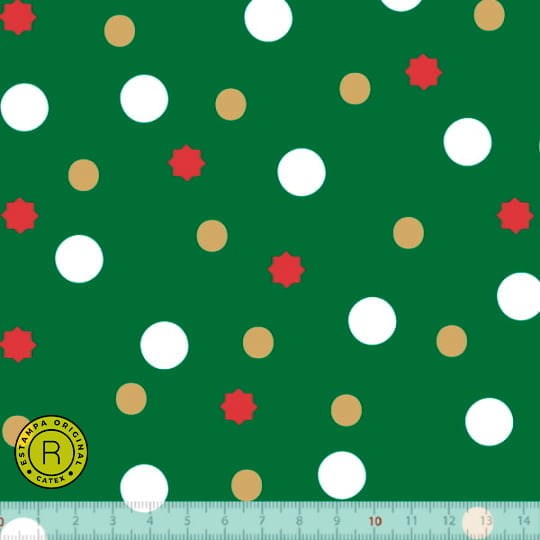 Tecido Tricoline Especial Coleção Natal Encantado - Bolinhas - Fundo Verde - 100% Algodão - Largura 1,50m