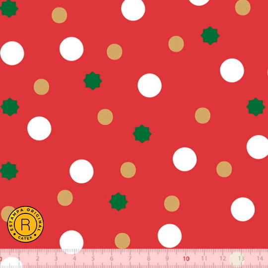 Tecido Tricoline Especial Coleção Natal Encantado - Bolinhas - Fundo Vermelho - 100% Algodão - Largura 1,50m