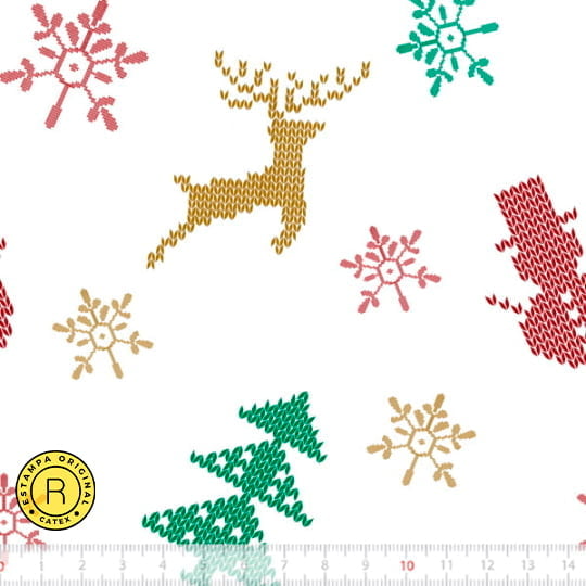 Tecido Tricoline Especial Coleção Natal Encantado - Bordado Colorido - Renas e Árvores de Natal - 100% Algodão - Largura 1,50m