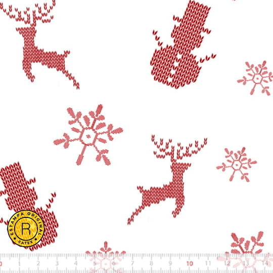 Tecido Tricoline Especial Coleção Natal Encantado - Bordado Vermelho - Renas e Bonecos de Neve - 100% Algodão - Largura 1,50m