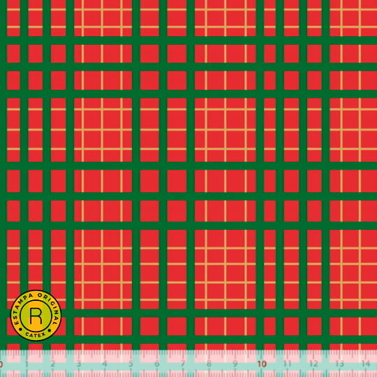 Tecido Tricoline Especial Coleção Natal Encantado - Xadrez Riscado Verde - Fundo Vermelho - 100% Algodão - Largura 1,50m