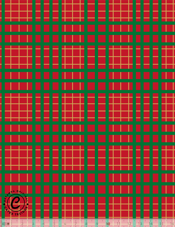 Tecido Tricoline Especial Coleção Natal Encantado - Xadrez Riscado Verde - Fundo Vermelho - 100% Algodão - Largura 1,50m