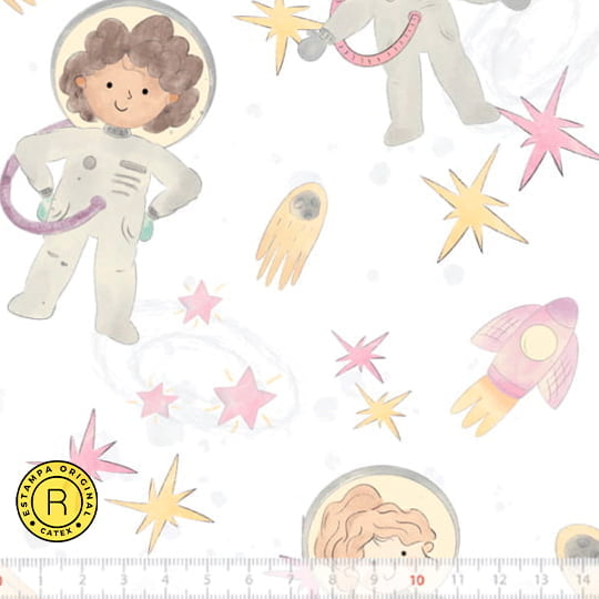 Tecido Tricoline Especial Coleção Pequenos Astronautas - Meninas do Espaço - 100% Algodão - Largura 1,50m
