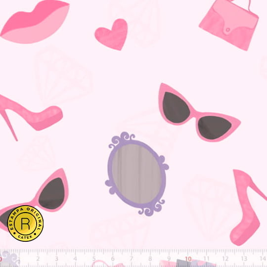 Tecido Tricoline Especial Coleção Pink Girl - Acessórios - Fundo Rosa - 100% Algodão - Largura 1,50m