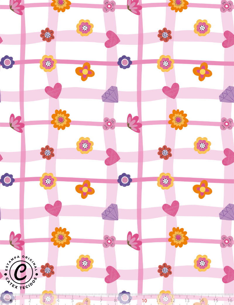 Tecido Tricoline Especial Coleção Pink Girl - Corações e Florzinhas - 100% Algodão - Largura 1,50m
