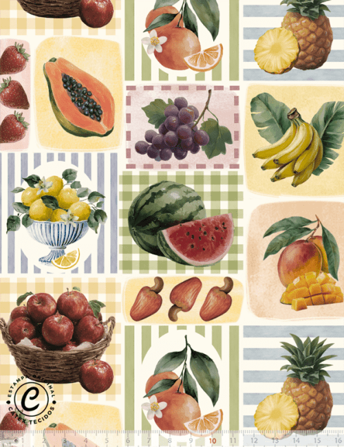 Tecido Tricoline Especial Coleção Quitanda Gourmet - Feira das Frutas - 100% Algodão - Largura 1,50m