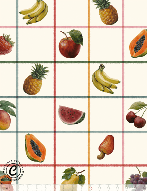 Tecido Tricoline Especial Coleção Quitanda Gourmet - Frutas Grid - 100% Algodão - Largura 1,50m